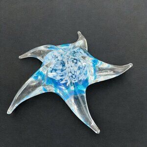 Vintage Art Glass Starfish Figurine Whimsical Decor Paperweight Blue White Dots